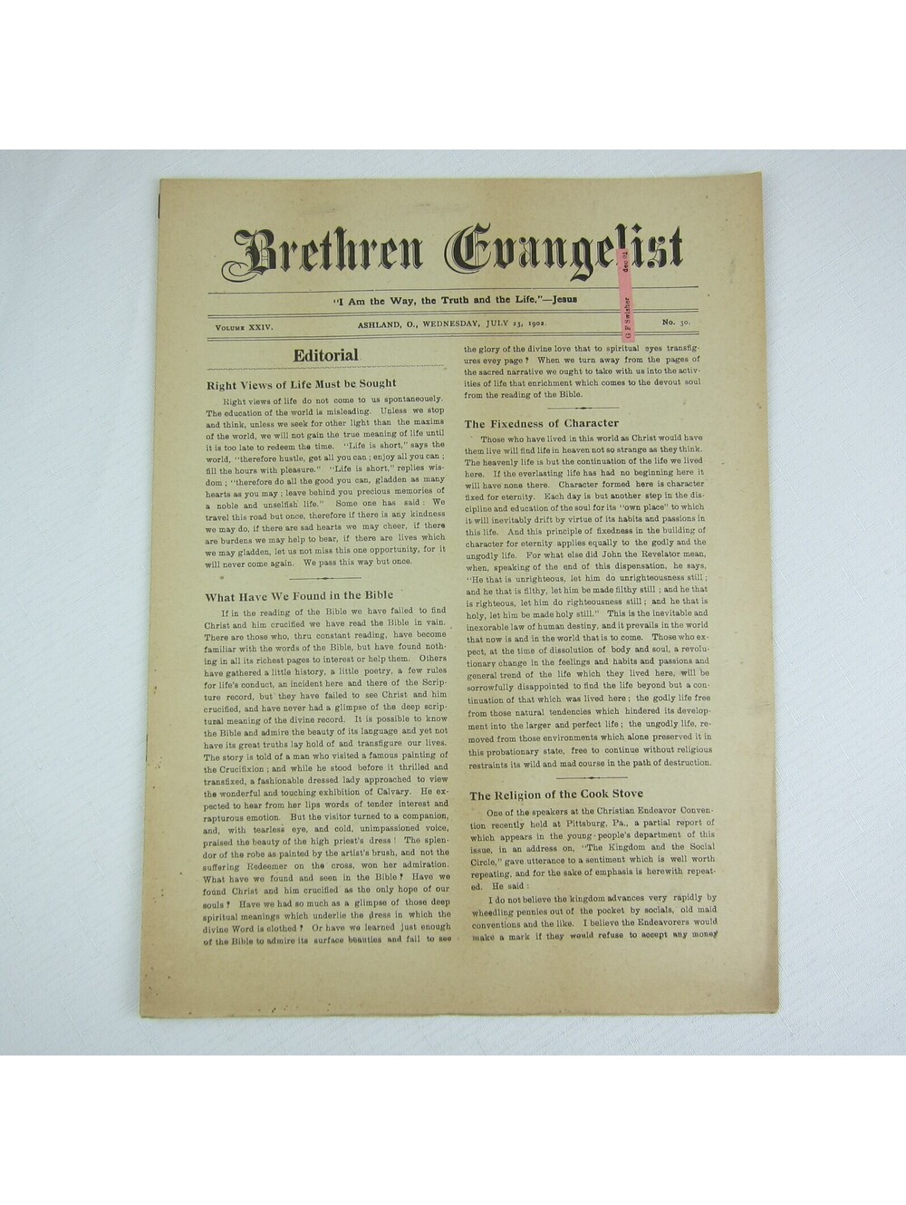 Brethren Evangelist Christian Newspaper Ashland Ohio Antique July 23rd 1902 RARE